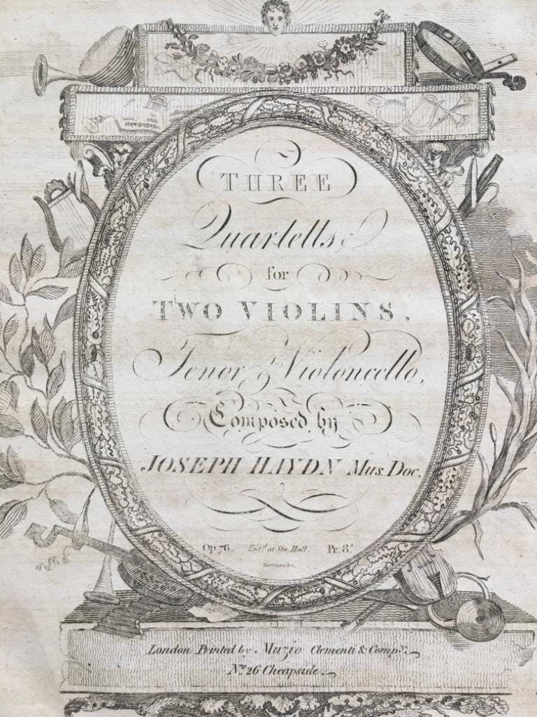 Collection of early/first editions of famous string quartets, bound in 4 half leather volumes (one for each instrument)