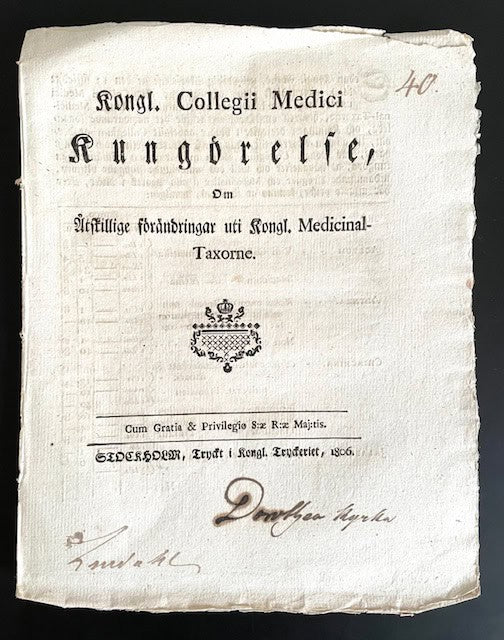 Collegium medicum : Kongl. Collegii Medici Kungörelse, Om Åtskillige förändringar uti Kongl. Medicinal-taxorne.