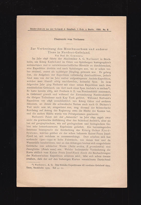Conwentz : Zur Verbreitung des Moschusochsen und anderer. Tiere in Nordost-Grönland