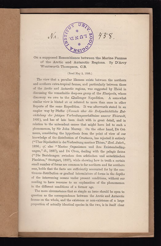 D'Arcy Wentworth Thompson : On a supposed Resemblance between the Marine Faunas of the Arctic and Antarctic Regions. By D'Arcy Wentworth Thompson, C.B. (Read May 2, 1898)