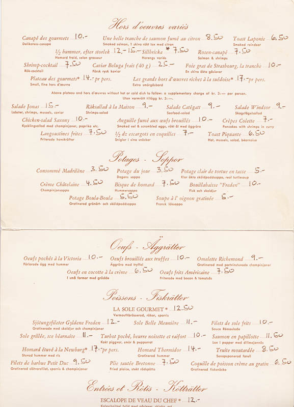 [Den Gyldene Freden ; Meny] : Den Gyldene Freden. Maträtter