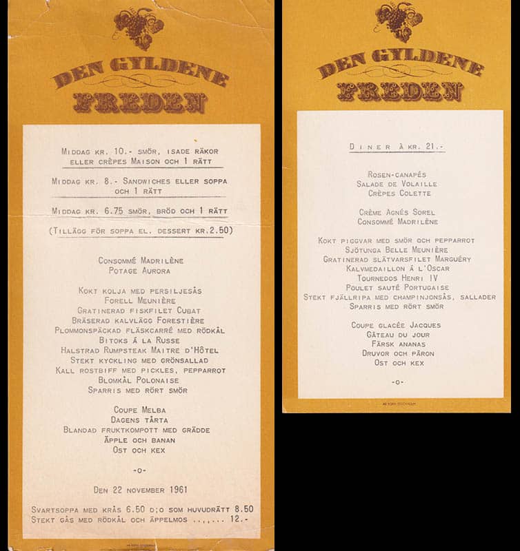 [Den Gyldene Freden ; Meny] : Den Gyldene Freden. Maträtter