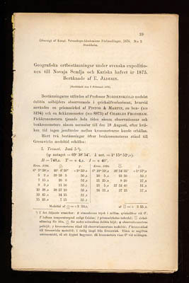 E. Jäderin : Geografiska ortbestämningar under svenska expeditionen till Novaja Semlja och Kariska hafvet år 1875, beräknade af E. Jäderin