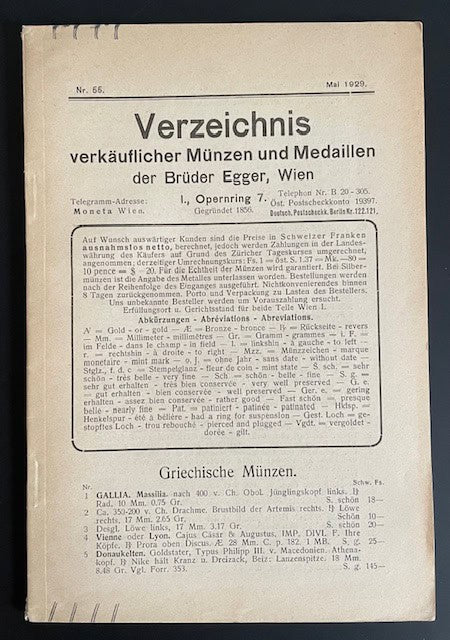 Egger. Brüder : Verzeichnis verkäuflicher Münzen und Medaillen. Nr 55.