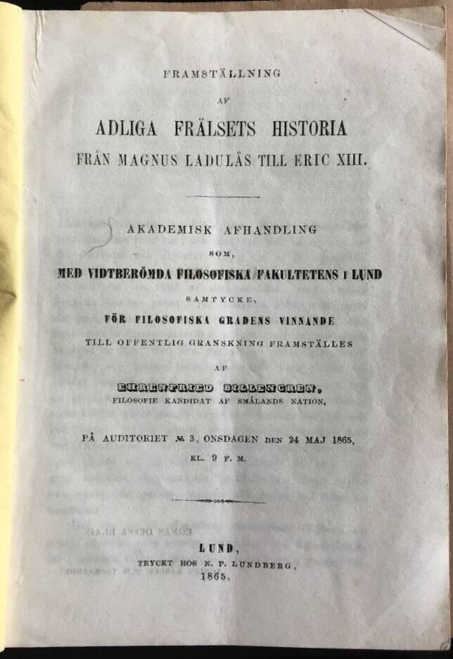 Ehrenfried Billengren : Framställning af Adliga Frälsets historia...