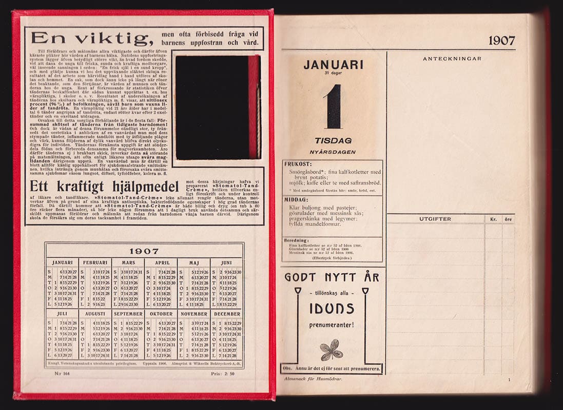 Elisabeth Östman : Almanack för Husmödrar 1907. Redigerad af Elisabeth Östman [=pärmtitel]