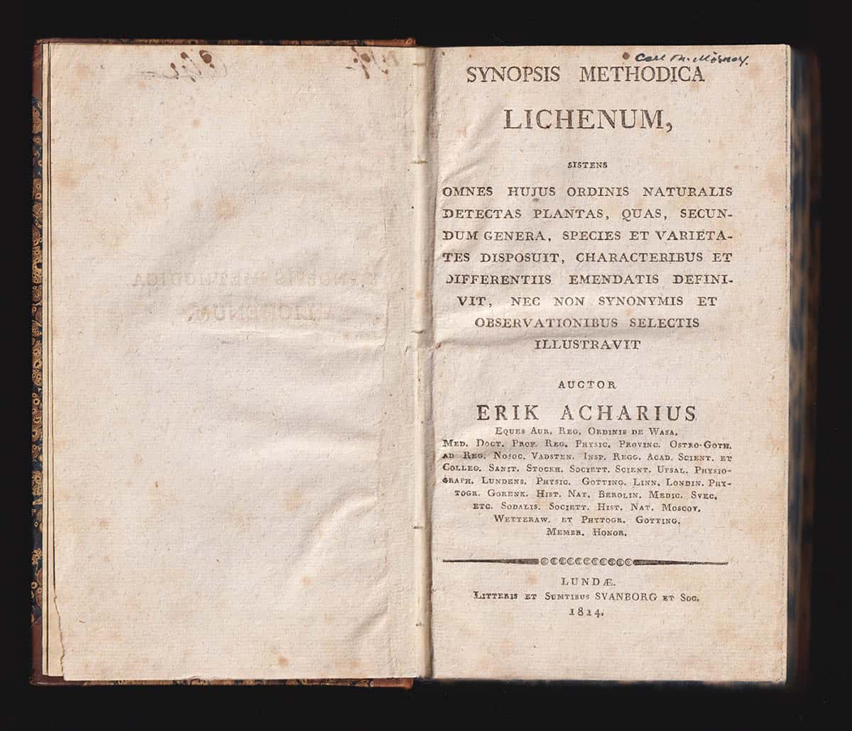 Erik Acharius : Synopsis methodica lichenum, sistens omnes hujus ordinis naturalis detectas plantas, quas, secundum genera, species et varietates disposuit, characteribus et differentiis emendatis definivit, nec non synonymis et observationibus selectis
