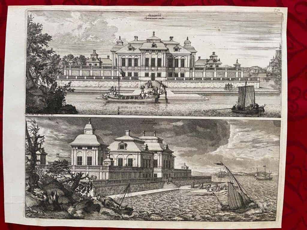 Erik Dahlberg : Ållonöö septentrionem versus. Ållonöö versus orientem. [Kopparstick från Suecia Antiqua et Hodierna. Ållonö från norr. Ållonö från öster.]