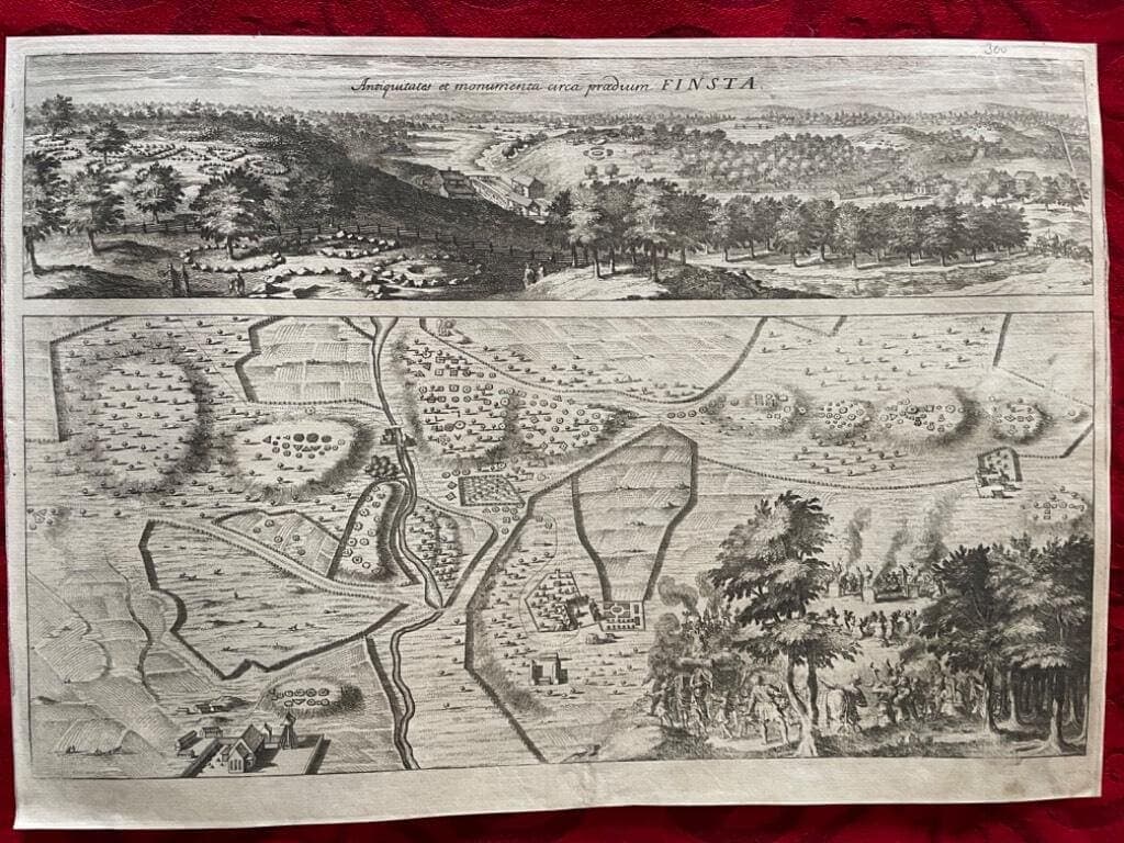 Erik Dahlberg : Antiquitates et monumenta circa praedium Finsta. [Kopparstick från Suecia Antiqua et Hodierna. Forntida minnesmärken i Finstatrakten.]