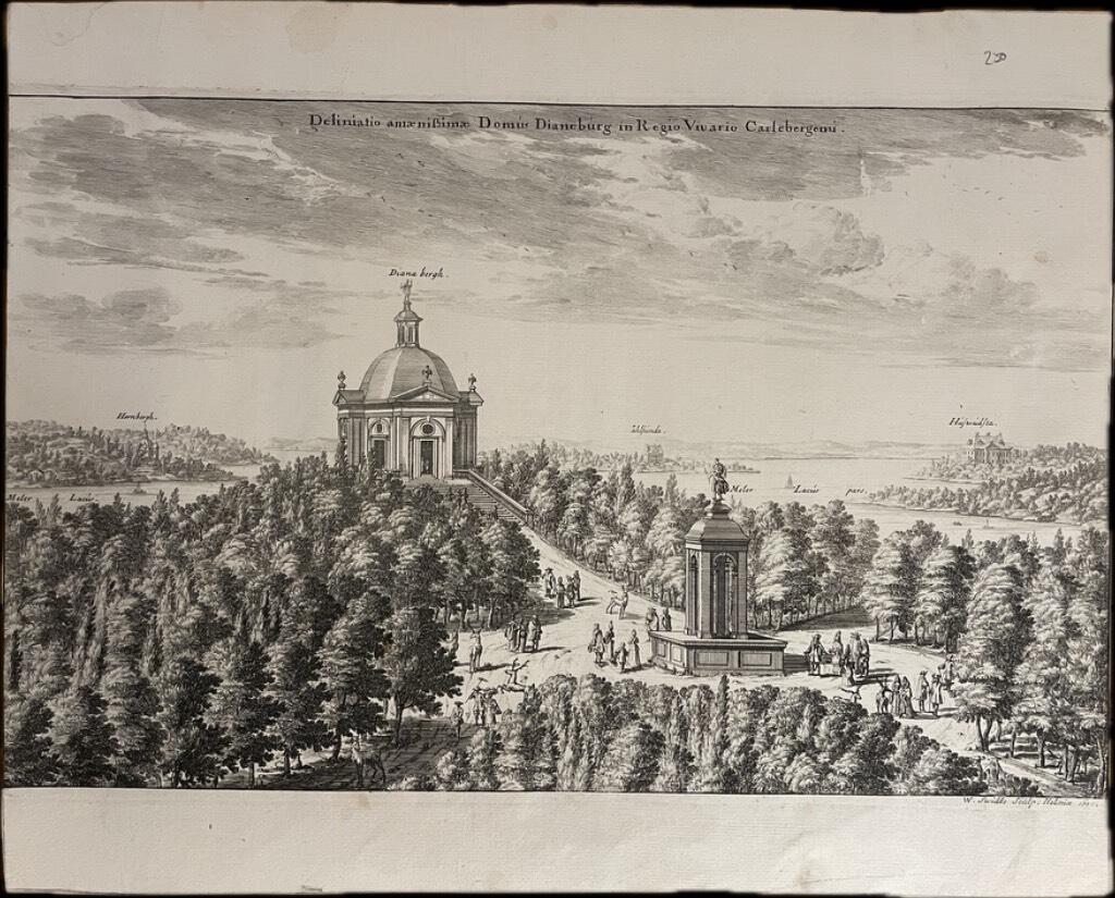 Erik Dahlberg : Delineatio amænissimiæ Domus Dianeburg in Regio Vivario Carlebergensi. [Kopparstick från Suecia Antiqua et Hodierna. Avbildning av lusthuset Dianeborg I Karlbergs kungliga trädgård.]