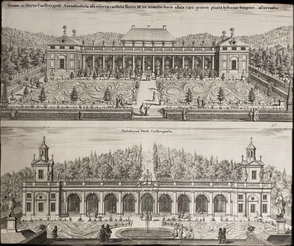Erik Dahlberg : Domus in Horto Carlbergensi... [Kopparstick från Suecia Antiqua et Hodierna. Byggnad kallad orangeriet i Karlbergs trädgård, vari under vintertiden förvaras en utvald samling av sällsynta blommor och alla slags från fjärran länder hämtade växter. / Promenadplats i Karlbergs trädgård]