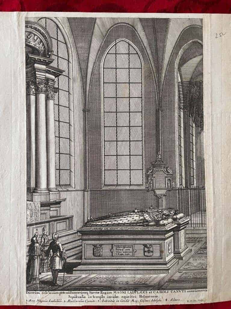 Erik Dahlberg : Duorum celebrium potentissimorumque Sueciæ Regum Magni Ladulåås et Caroli Canuti monumenta Sepulcralia in templo insulæ equestri Holmensis. [Kopparstick från Suecia Antiqua et Hodierna. De båda ryktbara och mäktiga svenska konungarna Magnus Ladulås och Karl Knutssons gravmonument i Riddarholmskyrkan i Stockholm.]