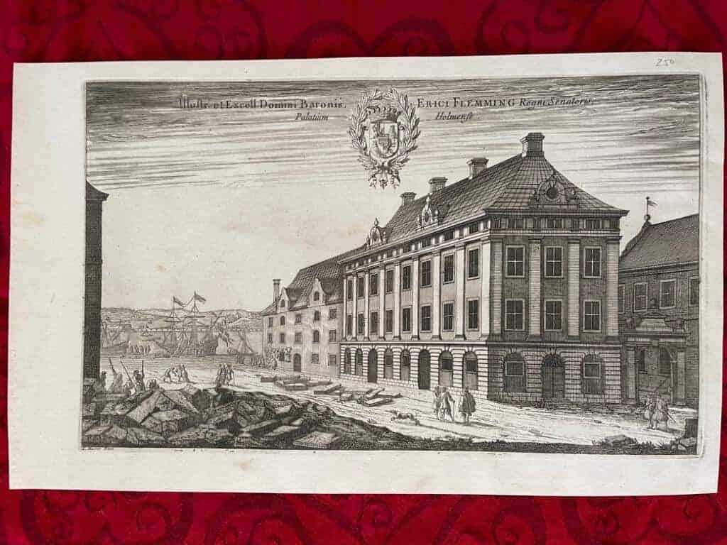 Erik Dahlberg : Illustr. et Excell. Domini Baronis Erici Flemming Regni Senatoris Palatium Holmense. [Kopparstick från Suecia Antiqua et Hodierna. Den lysande och utmärkte herr baronen och riksrådet Erik Flemings palats i Stockholm.]