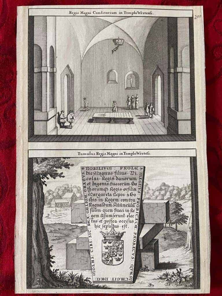 Erik Dahlberg : Regis Magni Conditorium in Templo Wretensi Tumulus Regis Magni in Templo Wretensi. [Kopparstick från Suecia Antiqua et Hodierna. Konung Magnus gravkor i Vreta kyrka. Konung Magnus gravsten i Vreta kyrka.]
