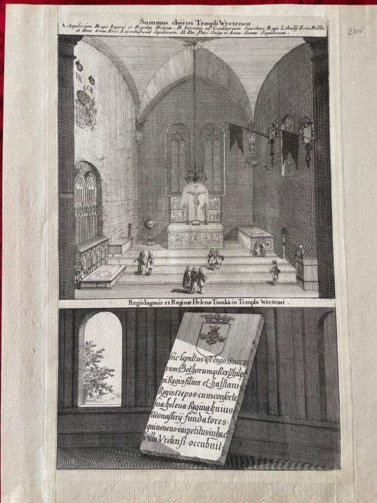 Erik Dahlberg : Summus chorus Templi Wretensis Regis Ingonis et Reginæ Helenæ Tumba in Templo Wretensi. [Kopparstick från Suecia Antiqua et Hodierna. Högkoret i Vreta kyrka. Konung Inges och drottning Helenas gravsten i Vreta kyrka]