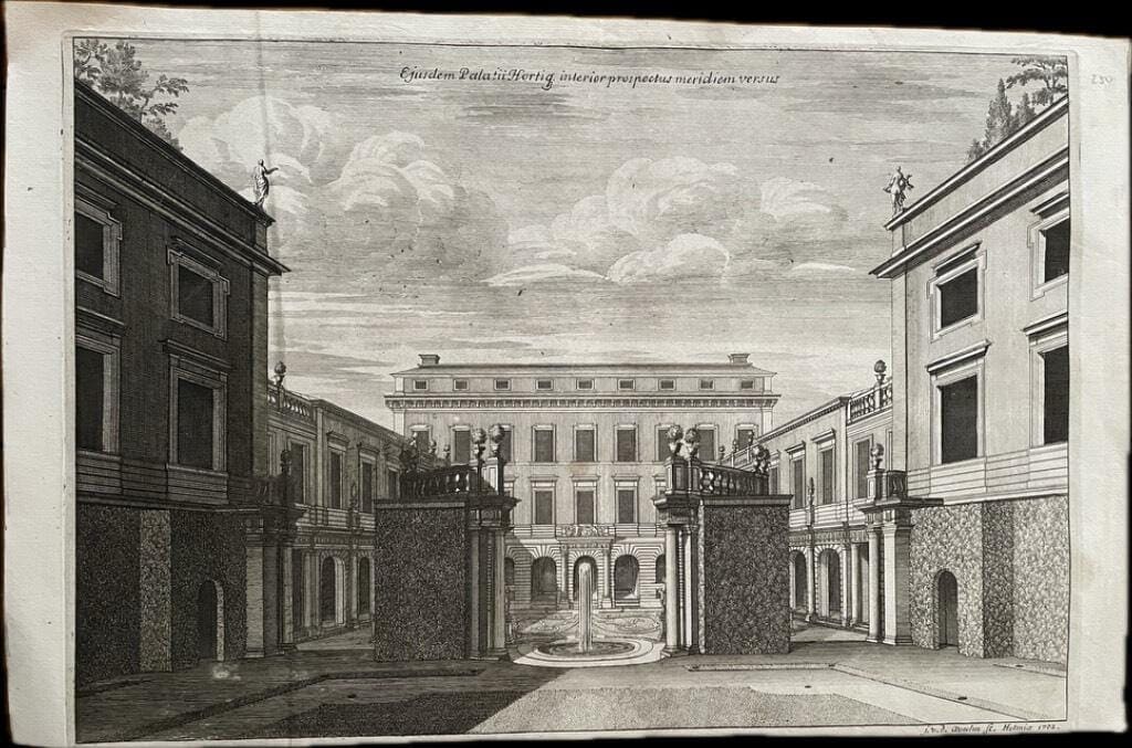 Erik Dahlberg : [Tessinska Palatset] Ejusdem Palatii Hortique interior prospectus meridiem versus. [Kopparstick från Suecia Antiqua et Hodierna. Interiör av samma palats [Tessinska] och trädgård från söder.]