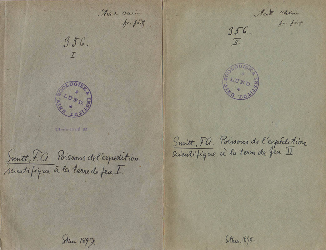 F. A. Smitt : Poissons de l'expédition scientifique à la Terre de Feu sous la direction du Docteur O. Nordenskiöld, recueillis par le Docteur A. Ohlin et Mr. H. Åkerman. I. Nototheniae. Avec 3 planches + Poissons de l'expédition scientifique à la Terre de Feu. ... II. Avec 6 planches + Poissons d'eau douce de la Patagonie recueillis par E. Nordenskiöld 1898-99. Décrits. Avec 4 planches