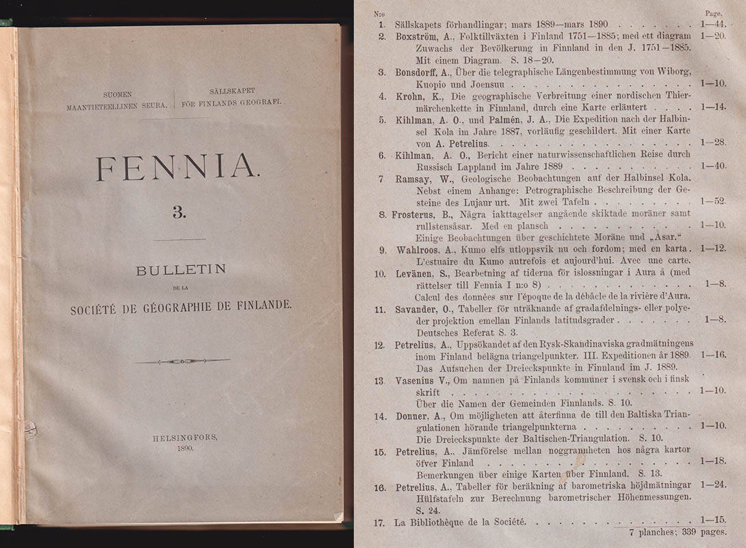 Fennia 3. Bulletin de la Societas geographica de Finlande. Suomen maantieteellinen seura. Serie utgiven av Sällskapet för Finlands geografi. N:o 1-17 (hel årgång - innehållsförteckning se bild)