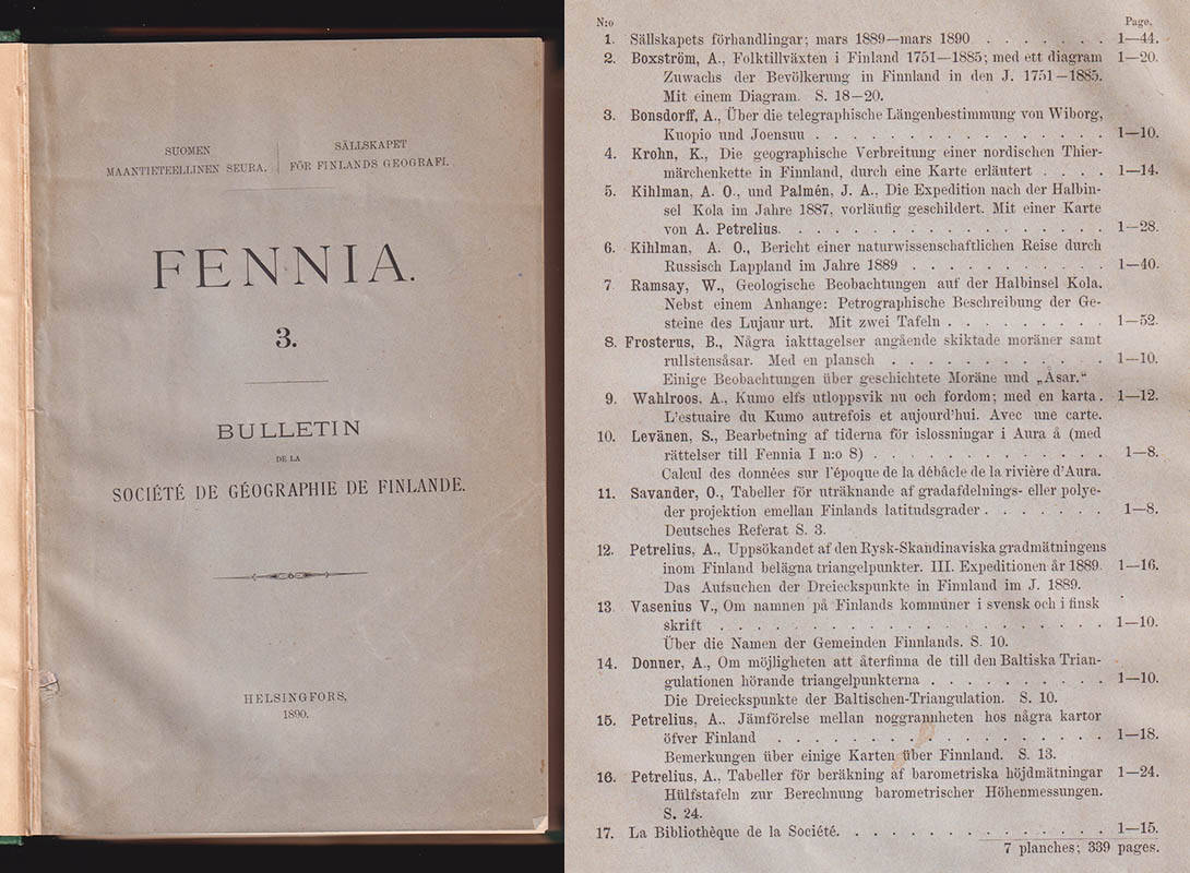 Fennia 3. Bulletin de la Societas geographica de Finlande. Suomen maantieteellinen seura. Serie utgiven av Sällskapet för Finlands geografi. N:o 1-17 (hel årgång - innehållsförteckning se bild)