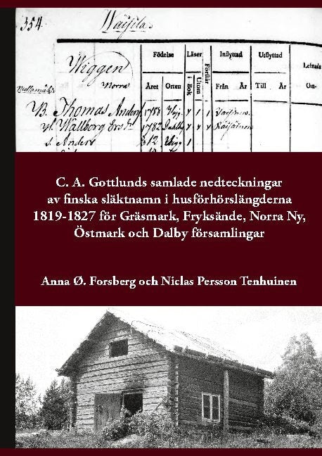 Forsberg, Anna Ø. ; Persson Tenhuinen, Niclas : C. A. Gottlunds samlade nedteckningar av finska släktnamn i husförhörslängderna 1819-1827 för Gräsmark, Fryksände, Norra Ny, Östmark och Dalby församlingar