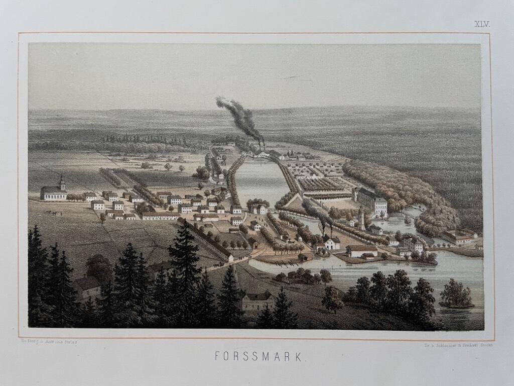 Forssmark [Färglitograferad plansch (29 x 23 cm) ur verket Sveriges industriella etablissementer av Gustaf Pabst ca. 1870].