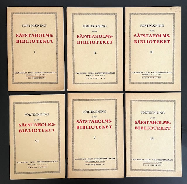 Förteckning över Säfstaholmsbiblioteket. [=omslagstitel]. Del I-VI (av 8)