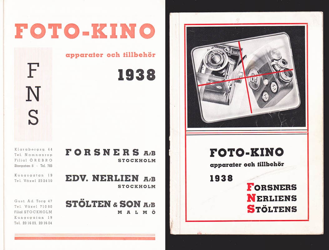 Foto-Kino apparater och tillbehör 1938. Forsners Nerliens Stöltens (F.N.S.) (produktkatalog)
