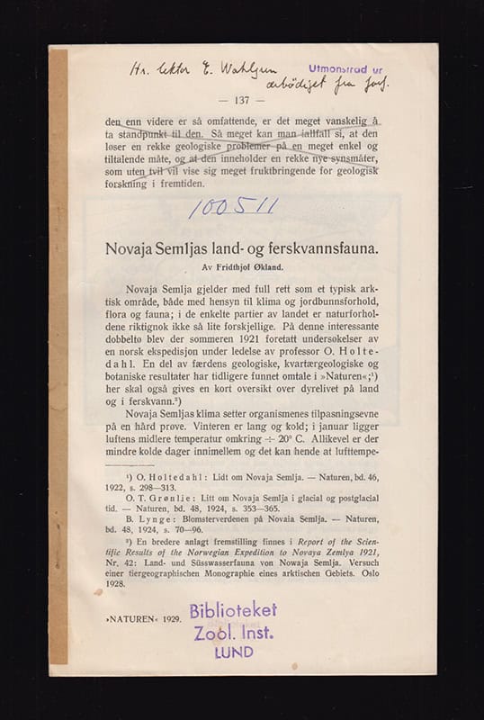 Fridthjof Økland : Novaja-Semljas land- og ferskvannsfauna