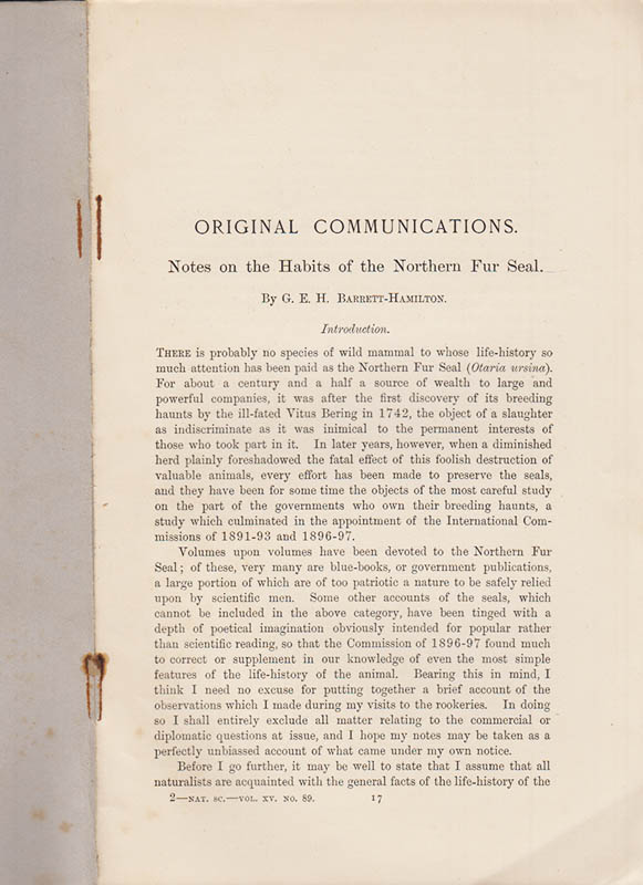 G. E. H. Barrett-Hamilton : Notes on the Habit of the Northern Fur Seal (ORIGINAL COMMUNICATIONS)