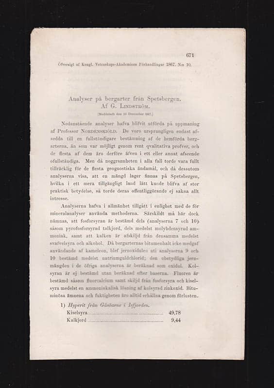 G. Lindström : Analyser på bergarter från Spetsbergen af G. Lindström. [Meddeladt den 16 December 1867]