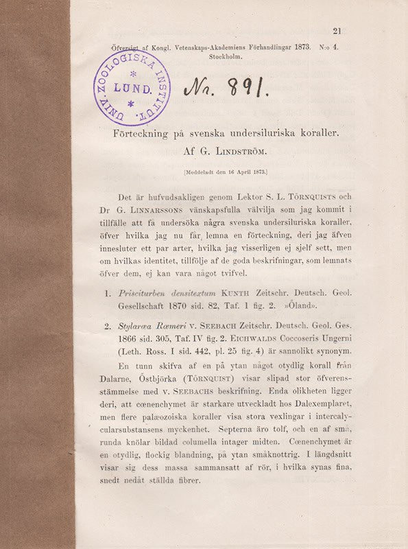 G. Lindström : Förteckning på svenska undersiluriska koraller. (Meddeladt den 16 April 1873)