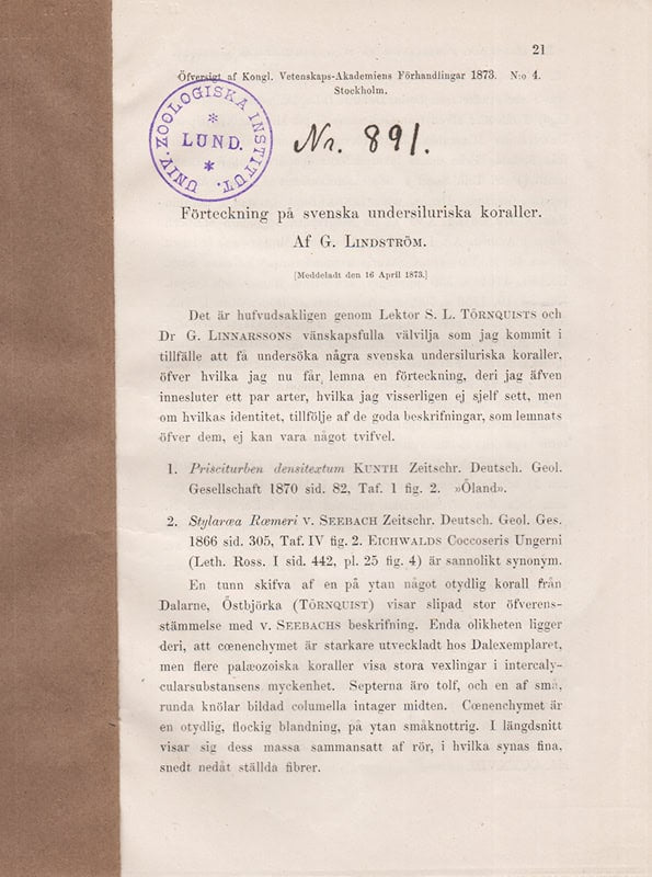 G. Lindström : Förteckning på svenska undersiluriska koraller. (Meddeladt den 16 April 1873)