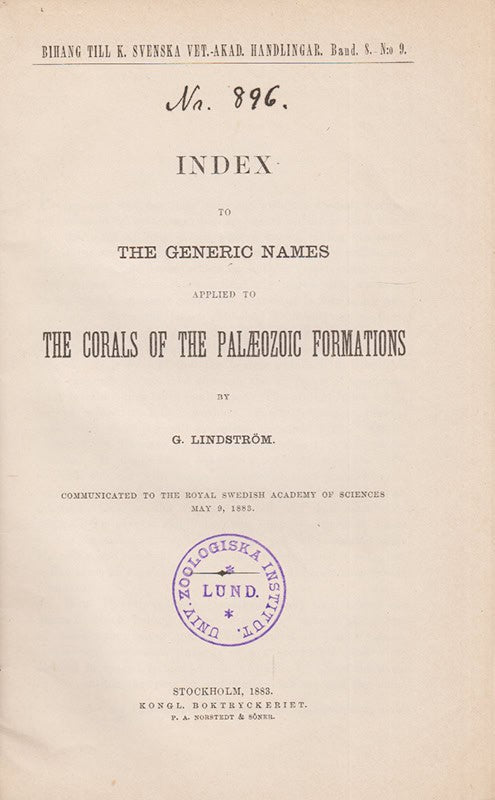 G. Lindström : Index to the Generic Names Applied to the Corals of the Palaeozoic Formations