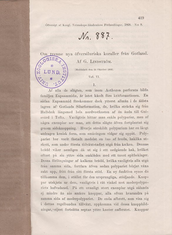 G. Lindström : Om tvenne nya öfversiluriska koraller från Gotland. Tafl. VI. (Meddeladt den 14 Oktober 1868)