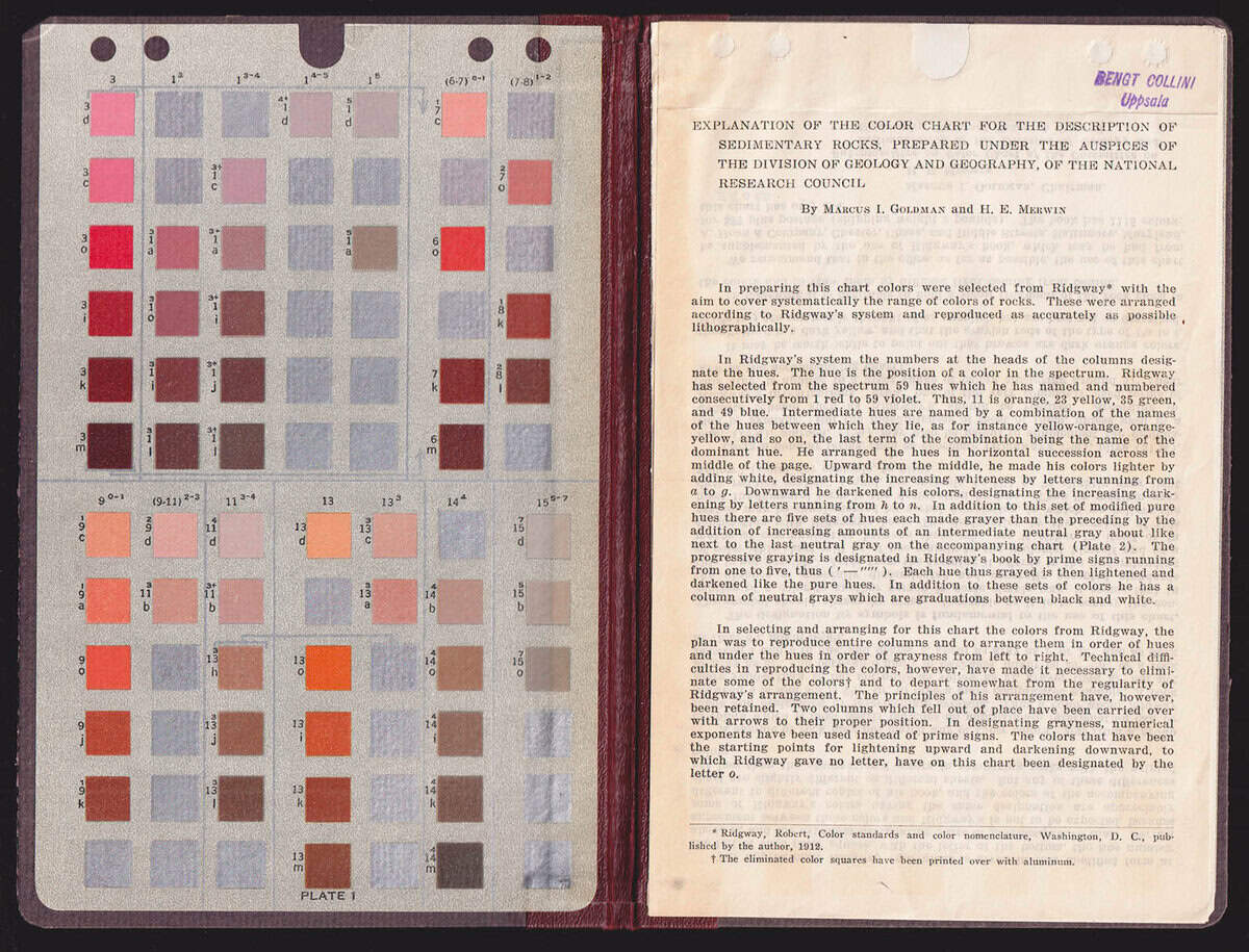 Goldman, Marcus Isaac (1881-1965) ; Merwin, H. E. : Explanation of the color chart for the Description of Sedimentary Rocks, Prepared under the Auspices of the Division of Geology and Geography, of The National Research Council. by Marcus I. Goldman and H. E. Merwin (färgkarta över sedimentära bergarter)