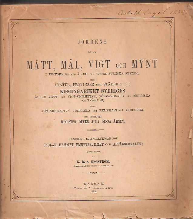 Gottfrid Rudolf Salomon Engström : Jordens olika mått, mål, vigt och mynt i jemförelse med äldre och yngre svenska system