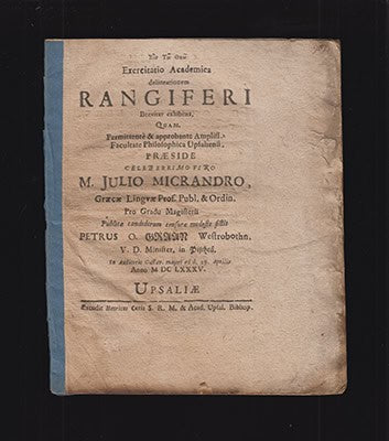 Graan, Petrus O. (Petrus Olai, 1654-1693) [respondent] ; Micrander, Julius (1640-1702) [preses] : Exercitatio academica delineationem Rangiferi breviter exhibens, quam ... præside ... Julio Micrandro ... pro gradu magisterii publicæ candidorum censuræ modeste sistit Petrus O. Graan Westrobothn. ... In auditorio Gustav. majori ad d. 29. Aprilis anno M DC LXXXV (Diss. præses M. Julio Micrandro, 1640-1702)