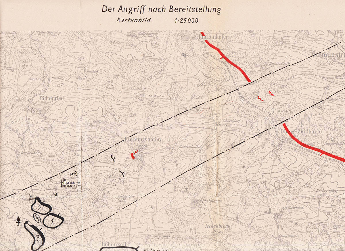 Greiner (Oberleutnant) ; Degener (Oberst) : Taktik im Rahmen des verstärkten Infanterie-Bataillons. Eine Anleitung zum Studium und ein Nachschlagewerk für aktive Offiziere, Offiziere des Beurlaubtenstandes und den Offizier-Nachwuchs. Mit 12 teils zweifarbigen Kartenbildern und 33 Skizzen im Text