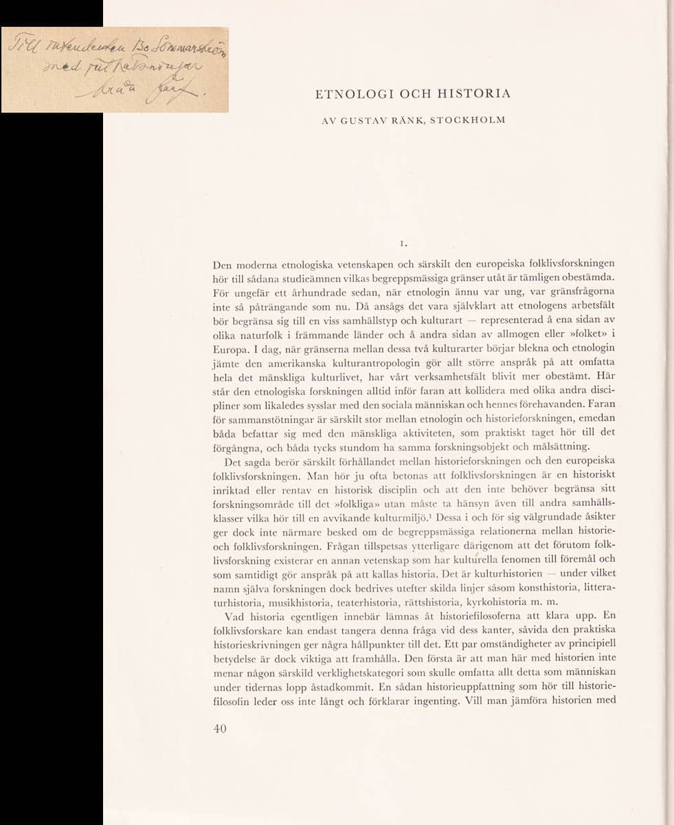 Gustav Ränk : Etnologi och historia (dedikation)