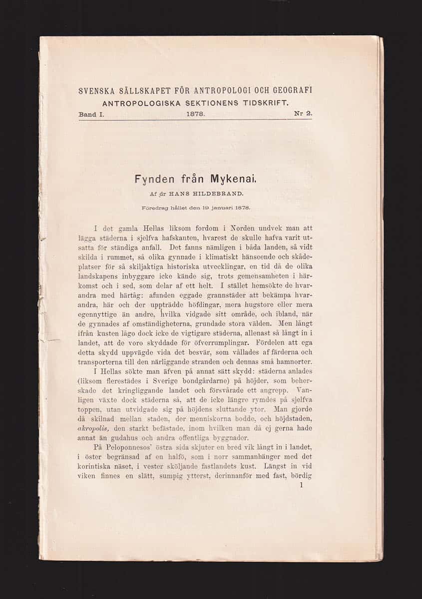 Hans Hildebrand : Fynden från Mykenai. Föredrag hållet den 19 januari 1878