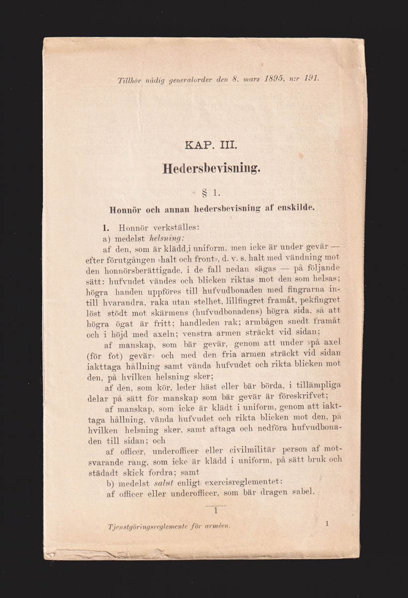 Hedersbevisning. Tillhör nådig generalorder den 8 mars 1895, n:r 191