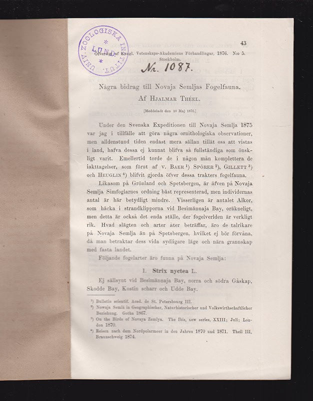 Hjalmar Théel : Några bidrag till Novaja Semljas Fogelfauna. [Meddeladt den 10 Maj 1876]