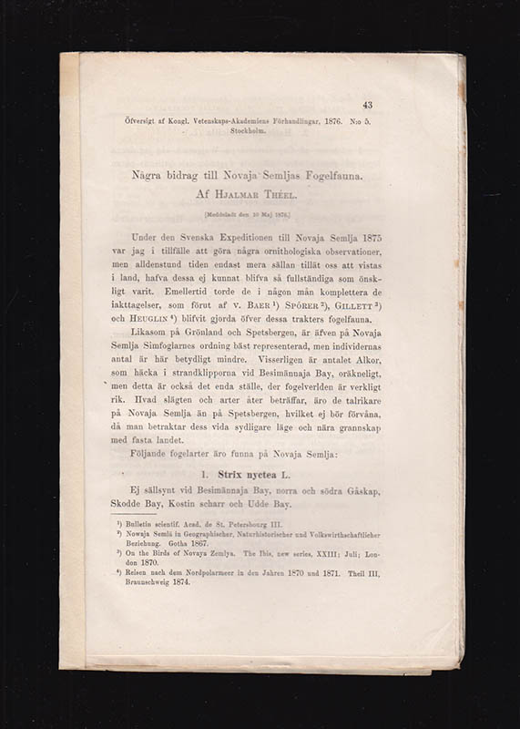 Hjalmar Théel : Några bidrag till Novaja Semljas Fogelfauna. [Meddeladt den 10 Maj 1876]