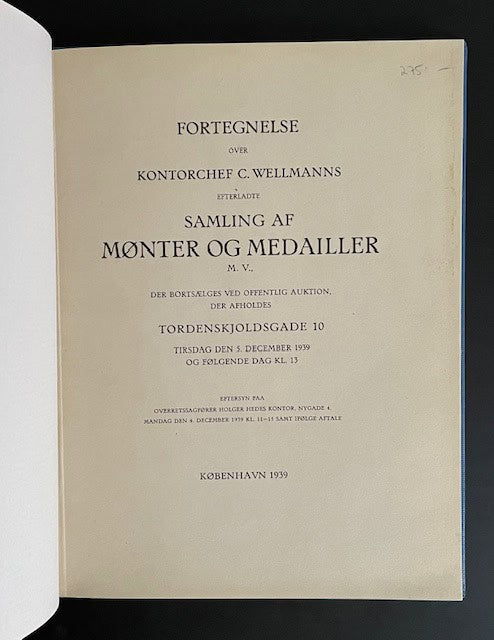 Holger. Hede : Fortegnelse over kontorchef C. Wellmanns efterladte samling af Mønter och Medailler.