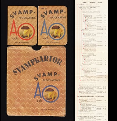 Hugo Stelin : Svampplockarens A och O. Granskad av mykolog Hugo Stelin. A.-B. Del I-II + Två utvikbara svampkartor i tryckt mapp (komplett)