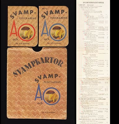 Hugo Stelin : Svampplockarens A och O. Granskad av mykolog Hugo Stelin. A.-B. Del I-II + Två utvikbara svampkartor i tryckt mapp (komplett)