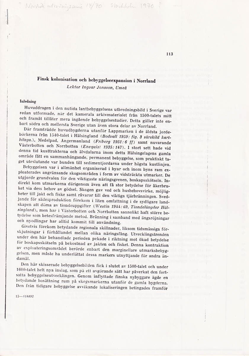 Ingvar Jonsson : Finsk kolonisation och bebyggelseexpansion i Norrland