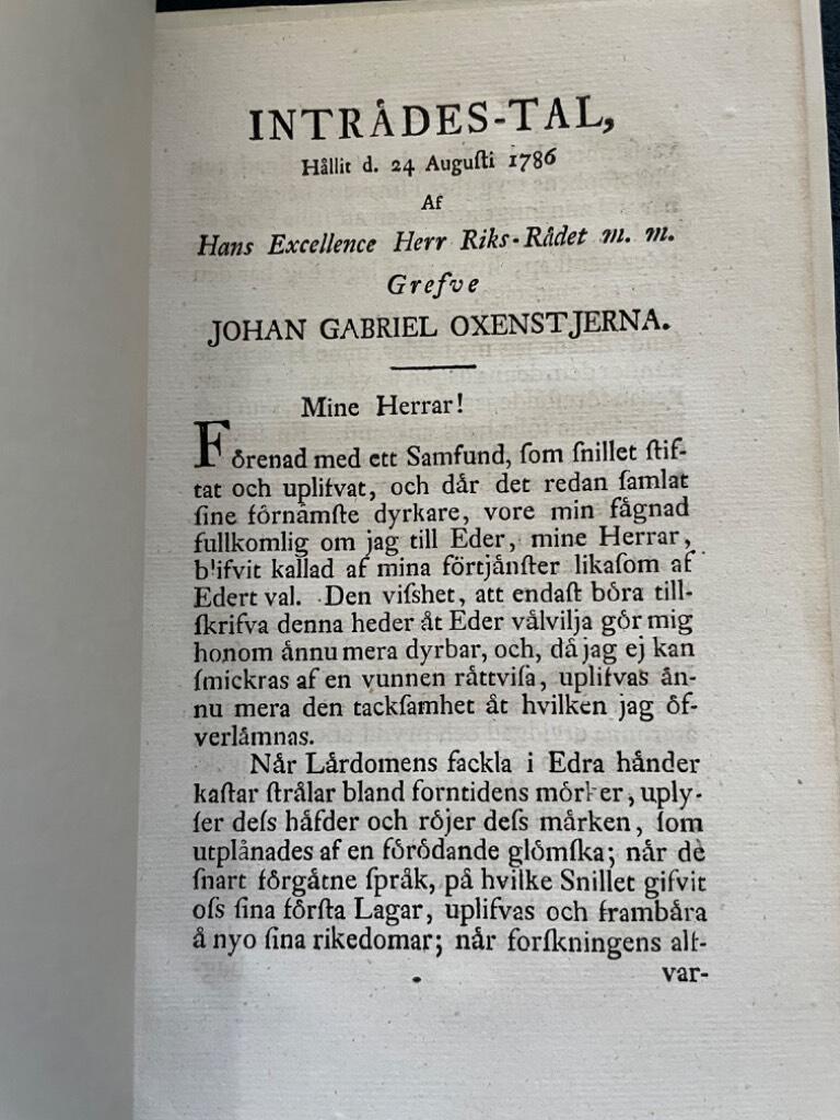 Johan Gabriel Oxenstierna : Inträdestal i KVHAA 1786