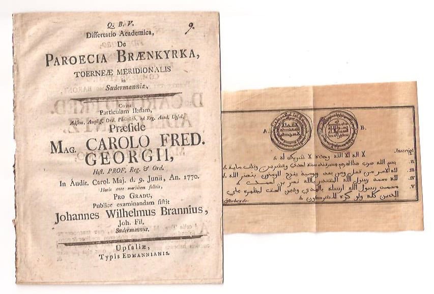 Johan Wilhelm Brannius : Beskrivning av Brännkyrka med myntavbildning - Dissertatio academica, de paroecia Brænkyrka, Toerneæ meridionalis in Sudermannia