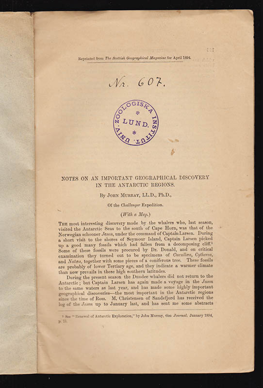 John Murray : [Challenger Expedition]. Notes on an important geographical discovery in the Antarctic Regions. Of the Challenger Expedition. (With a Map)